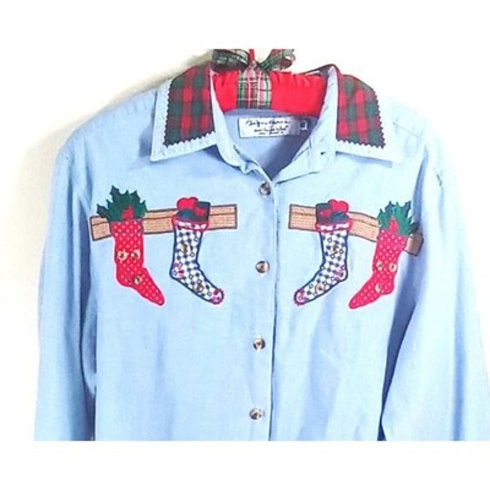 Vtg 90's Signature by Northern Isle Christmas Stocking Shirt Women's Size 10